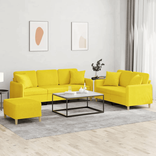 vidaXL 3 pcs conjunto de sofás com almofadas tecido amarelo-claro vidaXL 3 pcs conjunto de sofás com almofadas tecido amarelo-claro