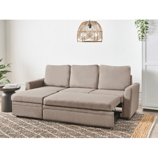 Sofá-cama de canto NASSJO Linho sintético Castanho claro 3 lugares à direita