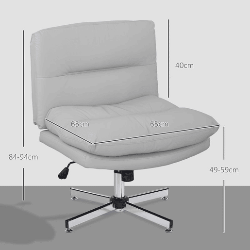 HOMCOM Cadeira de Escritório sem Apoio para os Braços Cadeira de Escritório com Altura Ajustável Função Basculante Base Cruzada e Assento Amplo Cadeira para Estúdio 65x65x84-94 cm Cinza Claro
