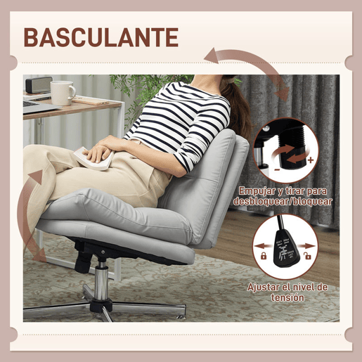 HOMCOM Cadeira de Escritório sem Apoio para os Braços Cadeira de Escritório com Altura Ajustável Função Basculante Base Cruzada e Assento Amplo Cadeira para Estúdio 65x65x84-94 cm Cinza Claro