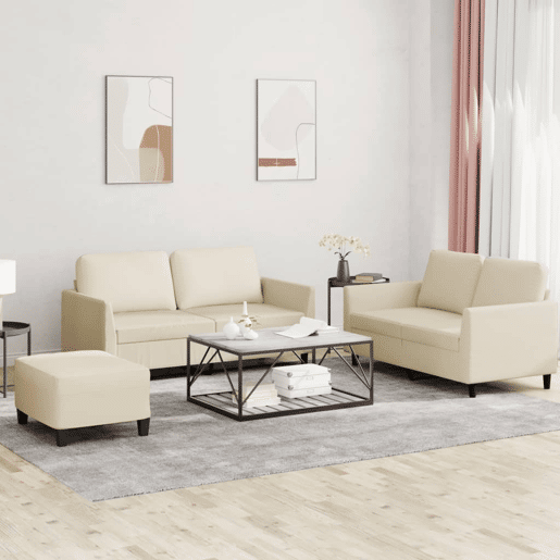 vidaXL 3 pcs conjunto sofás c almofadões couro artificial cor creme vidaXL 3 pcs conjunto sofás c almofadões couro artificial cor creme
