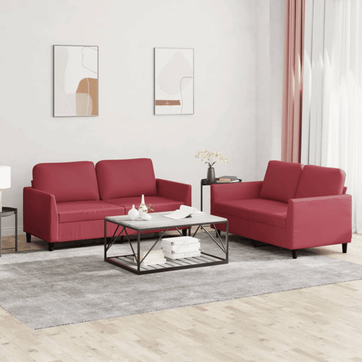 vidaXL 2 pcs conjunto sofás c almofadões couro artif. vermelho tinto