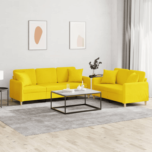 vidaXL 2 pcs conjunto de sofás com almofadas tecido amarelo-claro vidaXL 2 pcs conjunto de sofás com almofadas tecido amarelo-claro