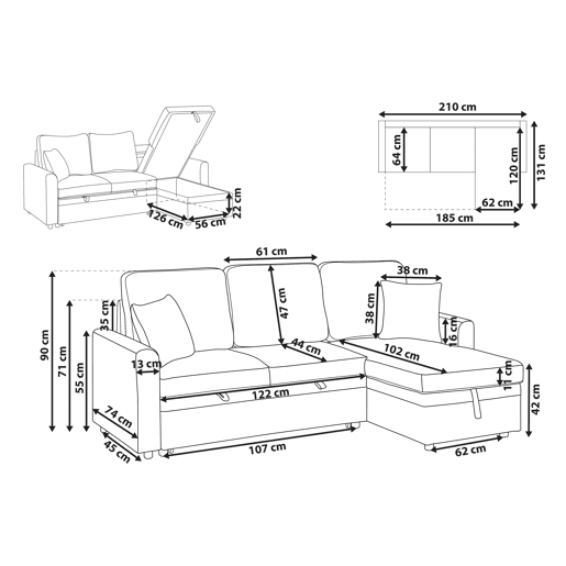 Sofá-cama de canto NASSJO Linho sintético Cinzento 3 lugares à esquerda