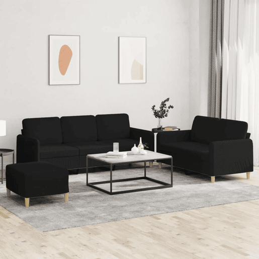 vidaXL 3 pcs conjunto de sofás com almofadões tecido preto