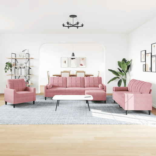 vidaXL 4 pcs conjunto de sofás com almofadões e rolos veludo rosa vidaXL 4 pcs conjunto de sofás com almofadões e rolos veludo rosa