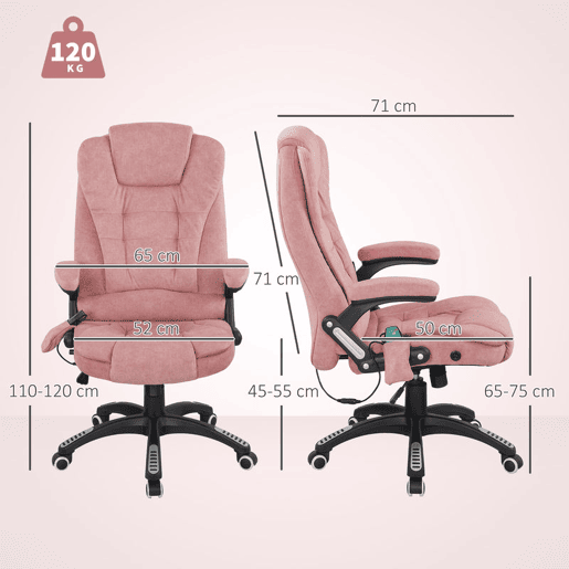Vinsetto Cadeira de Massagem com 6 Pontos de Massagem Cadeira de Escritório Reclinável até 125° com Função de Aquecimento Altura Ajustável e Rodas para Estúdio 65x71x110-120 cm Rosa