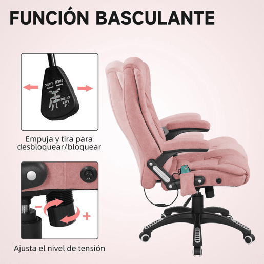 Vinsetto Cadeira de Massagem com 6 Pontos de Massagem Cadeira de Escritório Reclinável até 125° com Função de Aquecimento Altura Ajustável e Rodas para Estúdio 65x71x110-120 cm Rosa