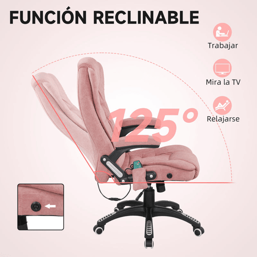 Vinsetto Cadeira de Massagem com 6 Pontos de Massagem Cadeira de Escritório Reclinável até 125° com Função de Aquecimento Altura Ajustável e Rodas para Estúdio 65x71x110-120 cm Rosa