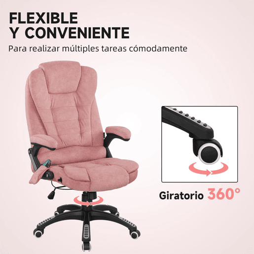 Vinsetto Cadeira de Massagem com 6 Pontos de Massagem Cadeira de Escritório Reclinável até 125° com Função de Aquecimento Altura Ajustável e Rodas para Estúdio 65x71x110-120 cm Rosa