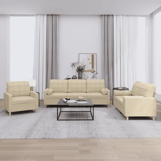 vidaXL 3 pcs conjunto de sofás com almofadas tecido cor creme vidaXL 3 pcs conjunto de sofás com almofadas tecido cor creme
