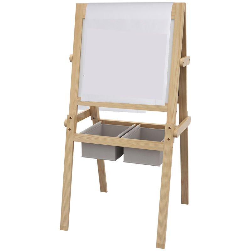 Aiyaplay caballete para niños 3 en 1 pizarra caballete de doble cara pizarra blanca caballete de madera para dibujo con rollo de papel y 2 cestas 58x50,5x109 cm natural