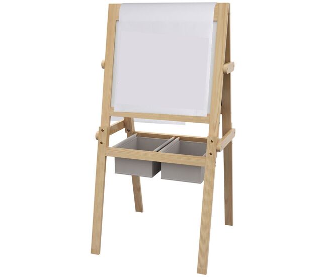 Aiyaplay caballete para niños 3 en 1 pizarra caballete de doble cara pizarra blanca caballete de madera para dibujo con rollo de papel y 2 cestas 58x50,5x109 cm natural