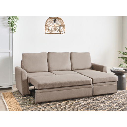 Sofá-cama de canto NASSJO Linho sintético Castanho claro com arrumação 3 lugares à esquerda