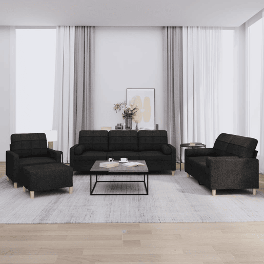 vidaXL 4 pcs conjunto de sofás com almofadas tecido preto
