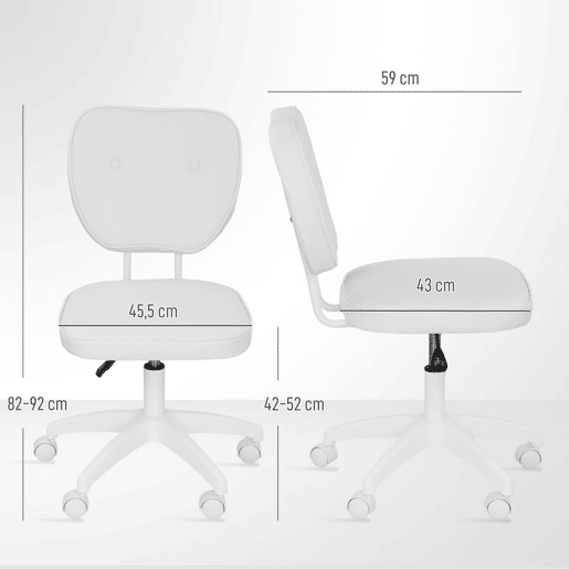 Vinsetto Cadeira de Escritório Estofada em PU Cadeira de Escritório Giratória com Altura Ajustável Sem Braços Carga 120 kg Cadeira de Estudo Dormitório 46x59x82-92 cm Branco