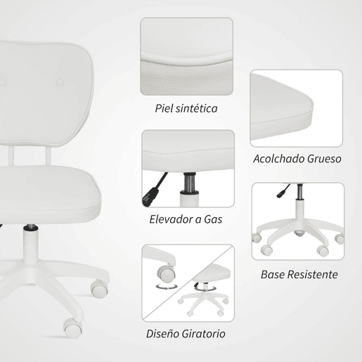 Vinsetto Cadeira de Escritório Estofada em PU Cadeira de Escritório Giratória com Altura Ajustável Sem Braços Carga 120 kg Cadeira de Estudo Dormitório 46x59x82-92 cm Branco