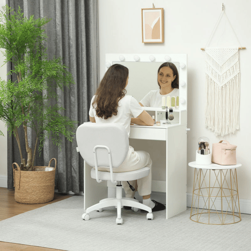Vinsetto Cadeira de Escritório Estofada em PU Cadeira de Escritório Giratória com Altura Ajustável Sem Braços Carga 120 kg Cadeira de Estudo Dormitório 46x59x82-92 cm Branco