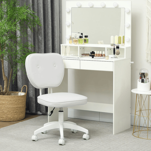 Vinsetto Cadeira de Escritório Estofada em PU Cadeira de Escritório Giratória com Altura Ajustável Sem Braços Carga 120 kg Cadeira de Estudo Dormitório 46x59x82-92 cm Branco