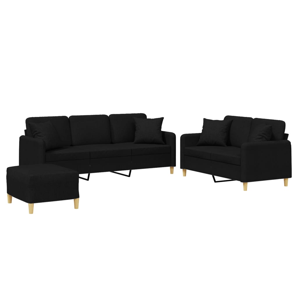 Vidaxl juego de sofás con cojines 3 piezas tela negro