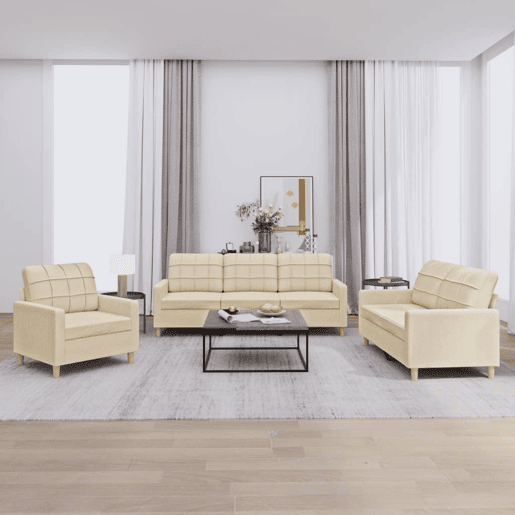 vidaXL 3 pcs conjunto de sofás com almofadões tecido cor creme vidaXL 3 pcs conjunto de sofás com almofadões tecido cor creme