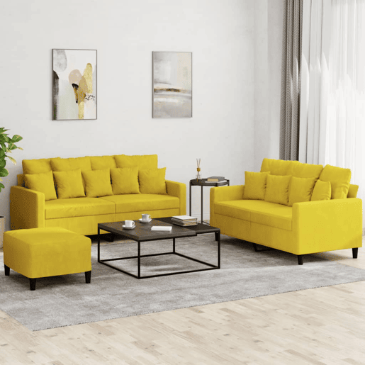 vidaXL 3 pcs conjunto de sofás com almofadões veludo amarelo vidaXL 3 pcs conjunto de sofás com almofadões veludo amarelo