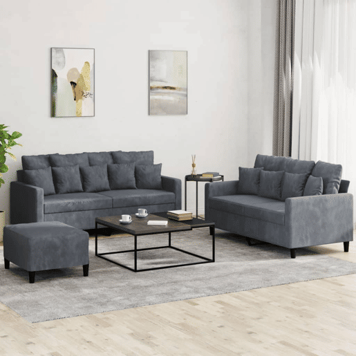 vidaXL 3 pcs conjunto de sofás com almofadões veludo cinzento-escuro