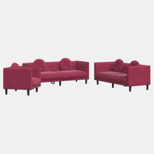 vidaXL 3 pcs conjunto de sofás com almofadas veludo vermelho-tinto
