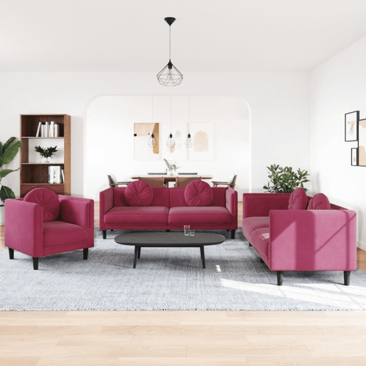vidaXL 3 pcs conjunto de sofás com almofadas veludo vermelho-tinto vidaXL 3 pcs conjunto de sofás com almofadas veludo vermelho-tinto