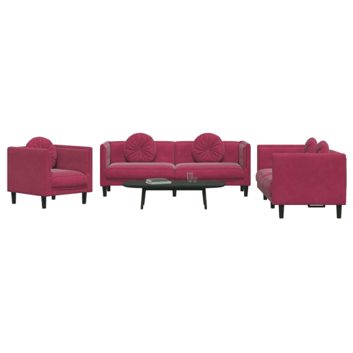 vidaXL 3 pcs conjunto de sofás com almofadas veludo vermelho-tinto vidaXL 3 pcs conjunto de sofás com almofadas veludo vermelho-tinto