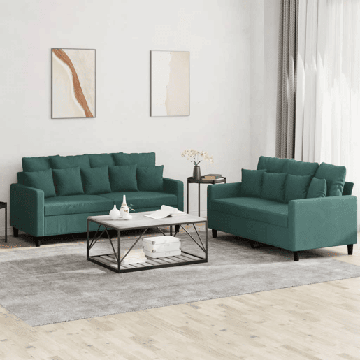 vidaXL 2 pcs conjunto de sofás com almofadões veludo verde-escuro vidaXL 2 pcs conjunto de sofás com almofadões veludo verde-escuro