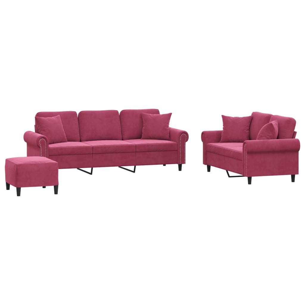 Vidaxl juego de sofás con cojines 3 piezas terciopelo rojo tinto