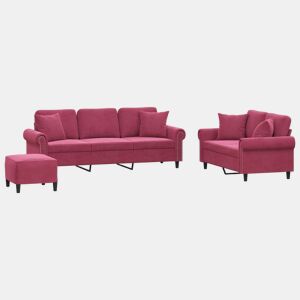 vidaXL 3 pcs conjunto de sofás com almofadas veludo vermelho-tinto