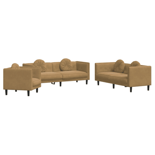 vidaXL 3 pcs conjunto de sofás com almofadas veludo castanho vidaXL 3 pcs conjunto de sofás com almofadas veludo castanho