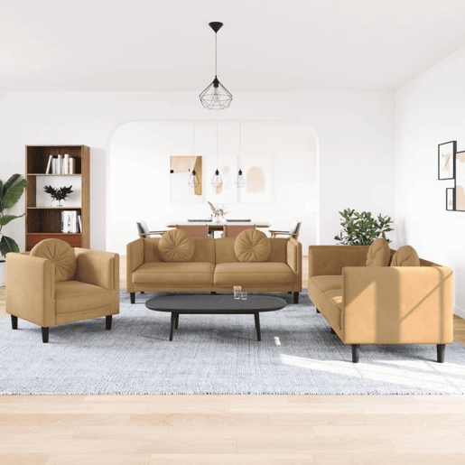 vidaXL 3 pcs conjunto de sofás com almofadas veludo castanho vidaXL 3 pcs conjunto de sofás com almofadas veludo castanho