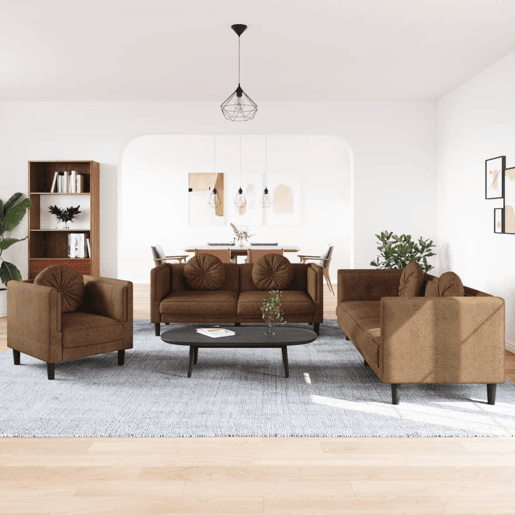 vidaXL 3 pcs conjunto de sofás com almofadas veludo castanho vidaXL 3 pcs conjunto de sofás com almofadas veludo castanho