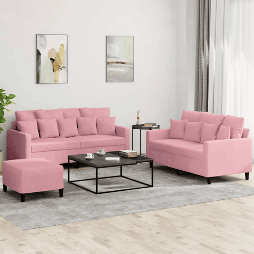 vidaXL 3 pcs conjunto de sofás com almofadões veludo rosa vidaXL 3 pcs conjunto de sofás com almofadões veludo rosa