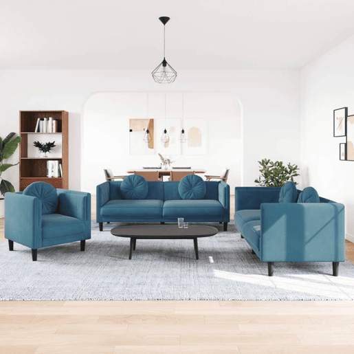 vidaXL 3 pcs conjunto de sofás com almofadas veludo azul vidaXL 3 pcs conjunto de sofás com almofadas veludo azul