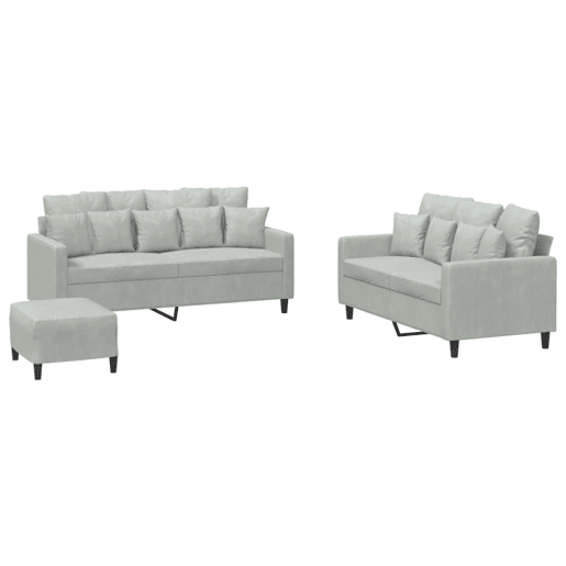 vidaXL 3 pcs conjunto de sofás com almofadões veludo cinzento-claro vidaXL 3 pcs conjunto de sofás com almofadões veludo cinzento-claro