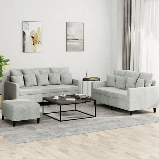 vidaXL 3 pcs conjunto de sofás com almofadões veludo cinzento-claro vidaXL 3 pcs conjunto de sofás com almofadões veludo cinzento-claro