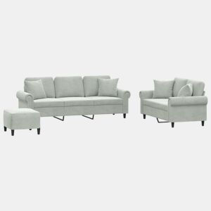 vidaXL 3 pcs conjunto de sofás com almofadas veludo cinzento-claro