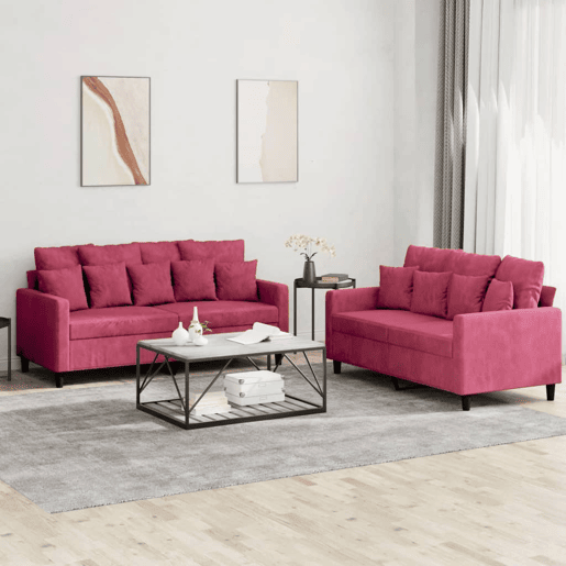 vidaXL 2 pcs conjunto de sofás com almofadões veludo vermelho tinto