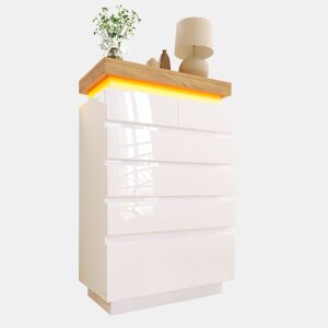 Cômoda alta de painel de partículas com luz led e 6 gavetas,branco+natural