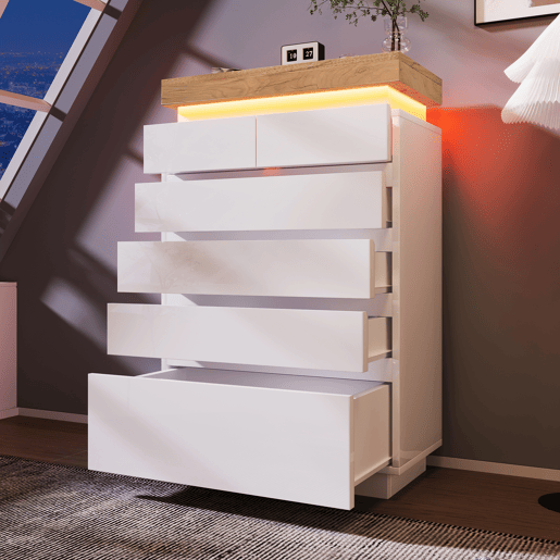 Cômoda alta de painel de partículas com luz led e 6 gavetas,branco+natural