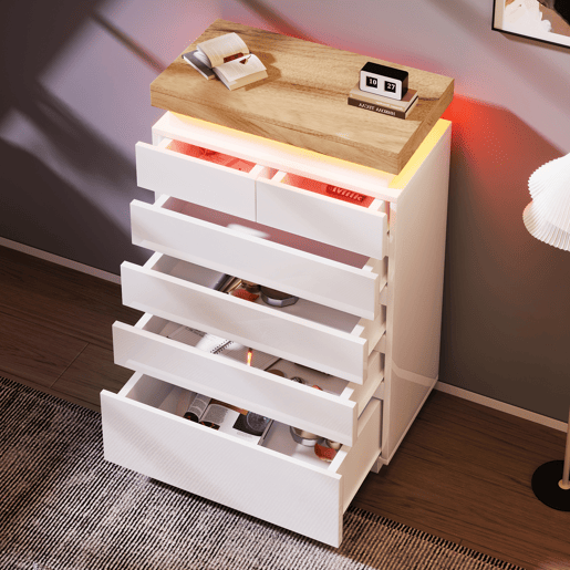 Cômoda alta de painel de partículas com luz led e 6 gavetas,branco+natural