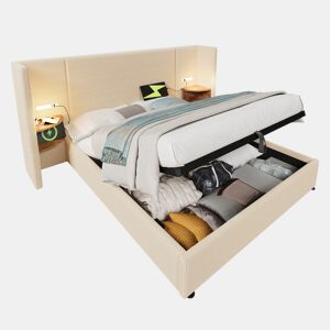 Cama de casal de bombazina 180x200cm com armazenamento e luz led,bege