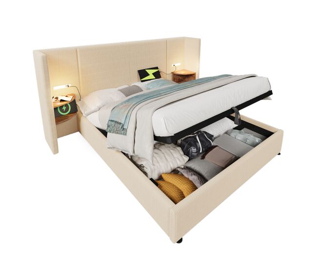 Cama de matrimonio de pana 180x200cm con almacenaje y luz led,beige
