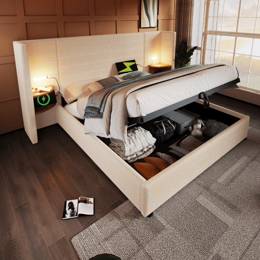 Cama de casal de bombazina 180x200cm com armazenamento e luz led,bege