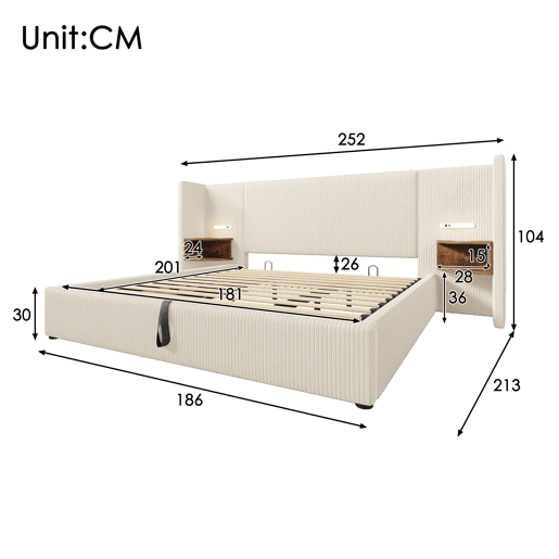 Cama de casal de bombazina 180x200cm com armazenamento e luz led,bege