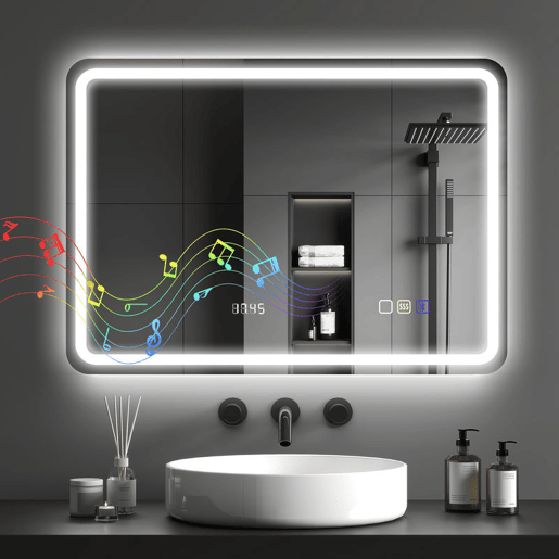 HOMCOM Espelho de Casa de Banho com Luz LED 70x50 cm Espelho de Parede com Bluetooth 3 Cores de Luz Relógio Digital Função Antiembaciamento Função de Memória Interruptor Tátil IP44 Prata